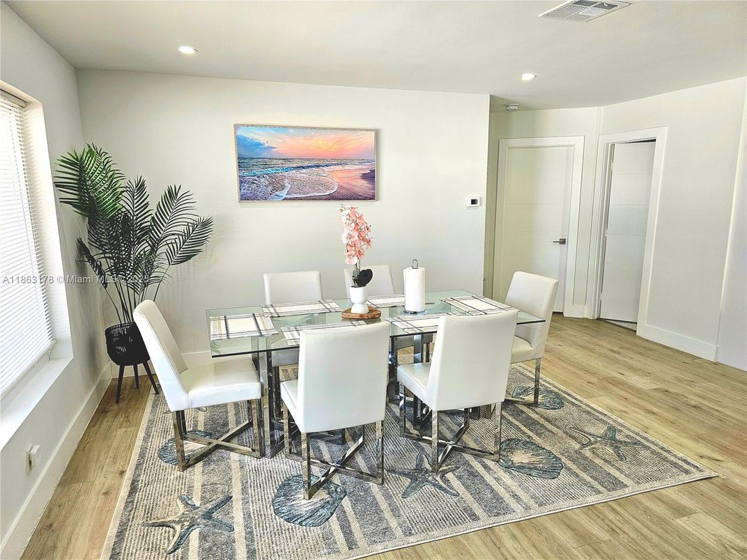 Dining room, Interior, Recessed Lighting, Wood Texture Flooring