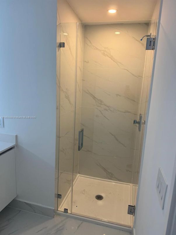 Bathroom, Glass Shower, Interior, Marble, Marble Walls, Recessed Lighting