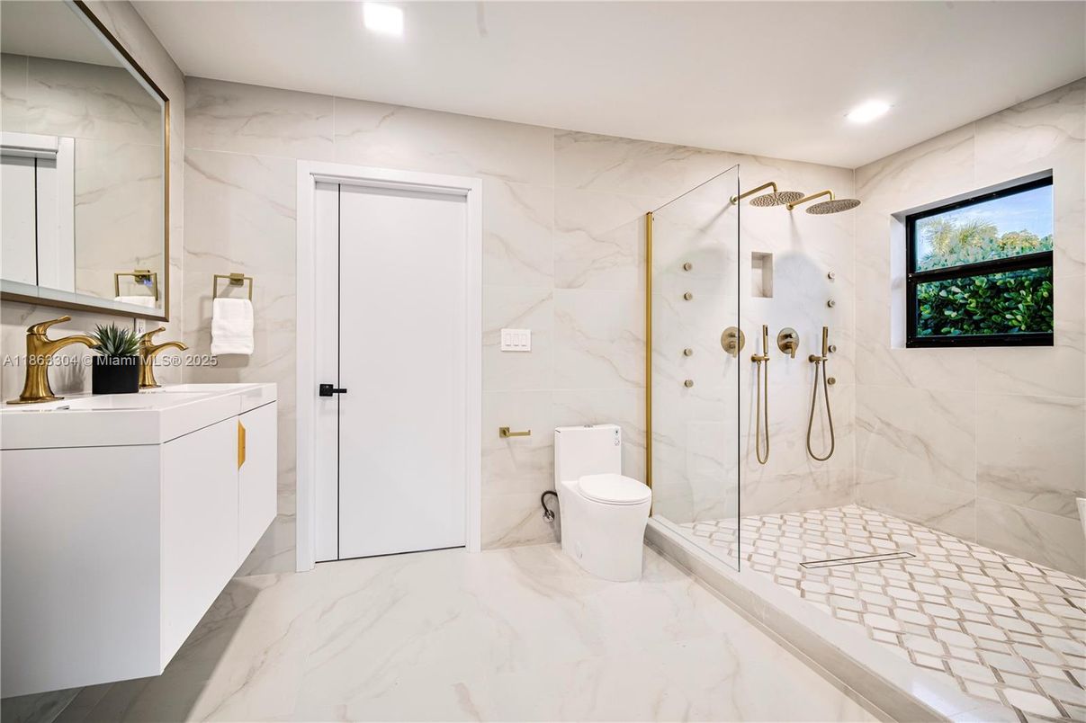 Bathroom, Glass Shower, Interior, Marble, Marble Walls, Recessed Lighting
