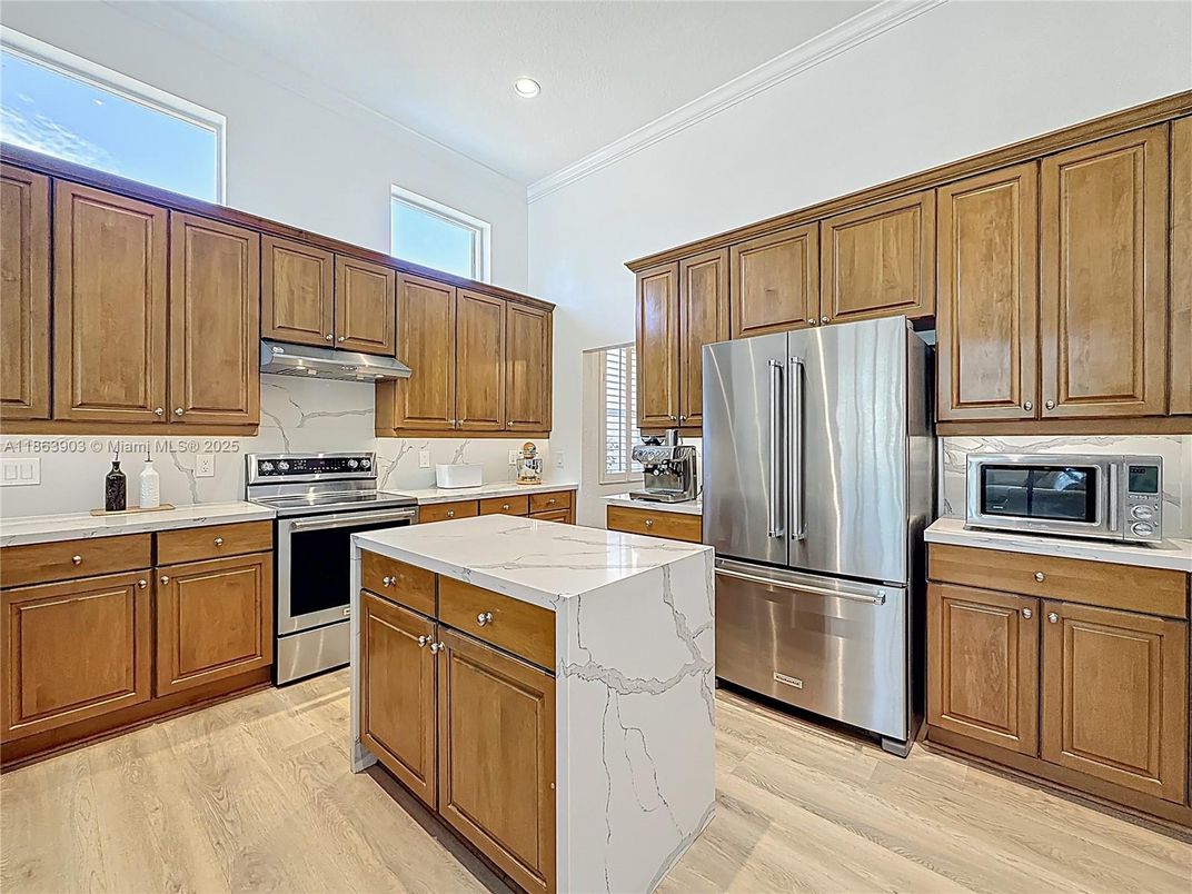 Interior, Kitchen, Recessed Lighting, Stainless Steel Appliances, Wood Texture Flooring