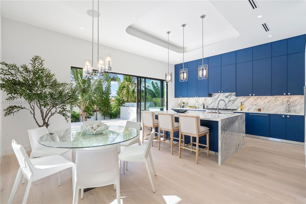Dining room, Interior, Kitchen, Marble Walls, Pendant Lights, Recessed Lighting, Wood Texture Flooring