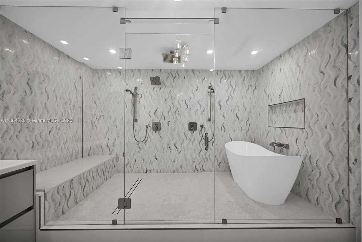 Bathroom, Free Standing Baths, Glass Shower, Interior, Marble Walls, Recessed Lighting