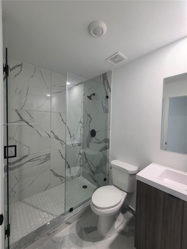 Bathroom, Glass Shower, Interior, Marble, Marble Walls, Recessed Lighting