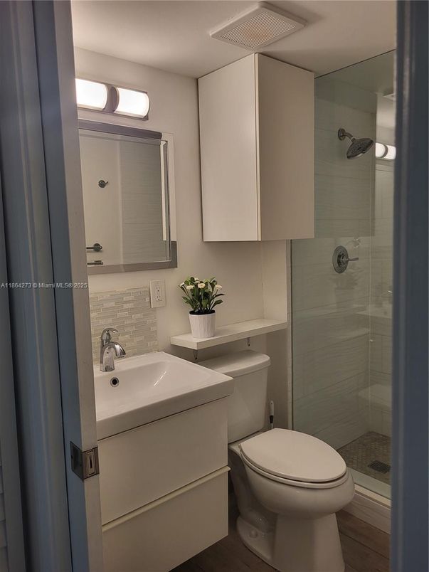 Bathroom, Glass Shower, Interior, Wood Texture Flooring