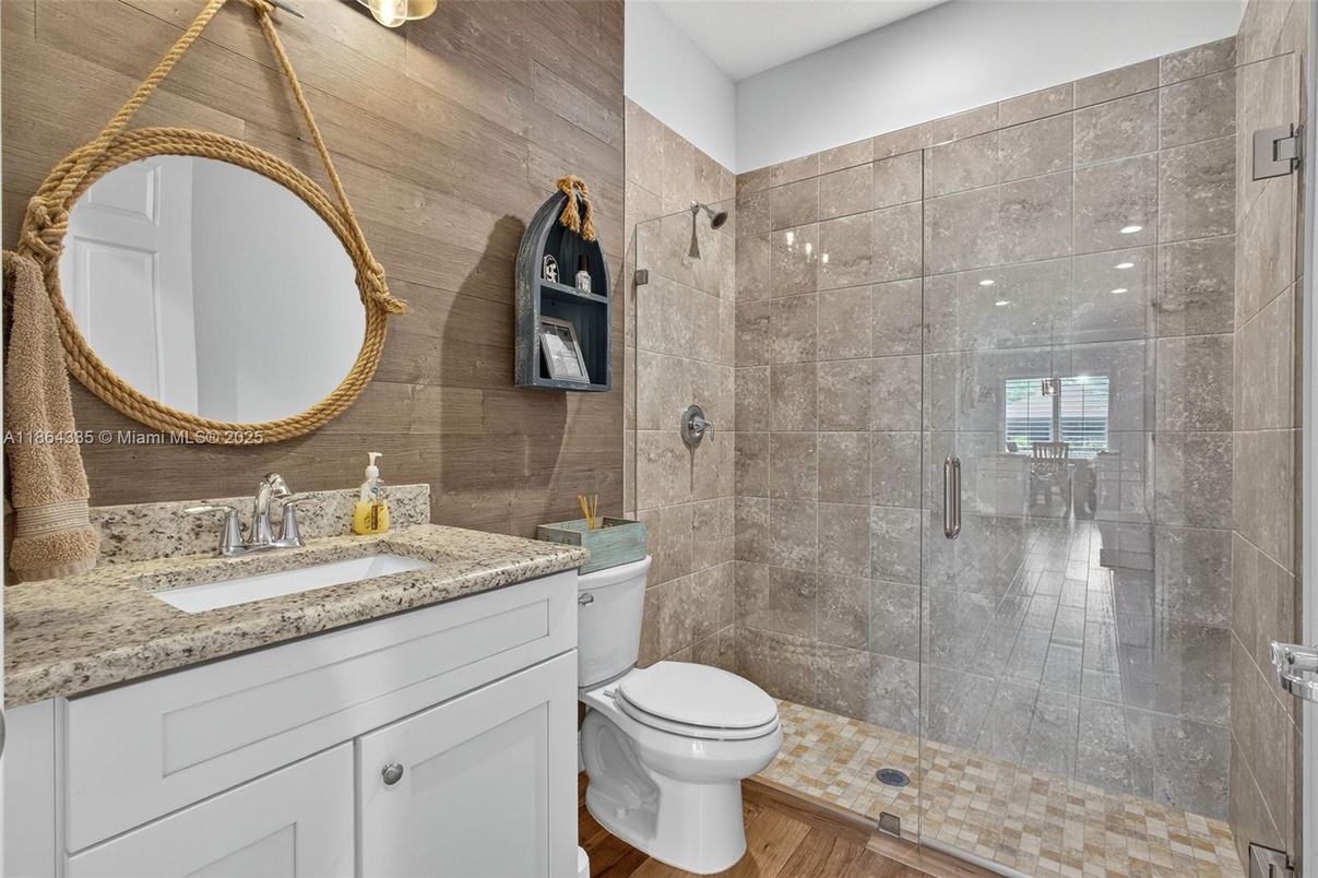 Bathroom, Glass Shower, Interior, Wood Texture Flooring