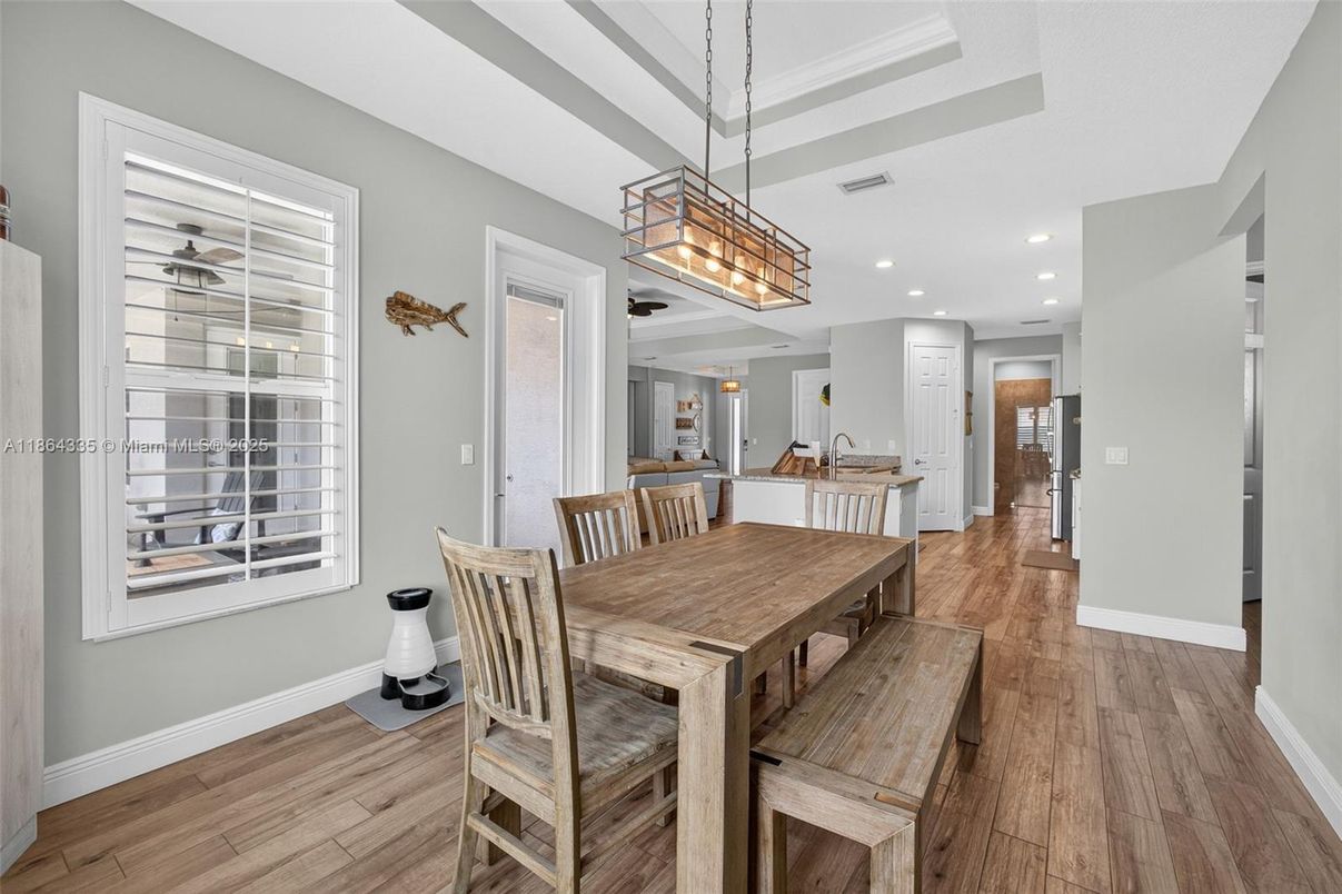 Dining room, Interior, Pendant Lights, Recessed Lighting, Wood Texture Flooring