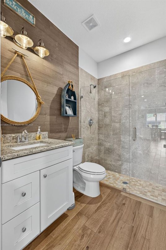 Bathroom, Glass Shower, Interior, Recessed Lighting, Wood Texture Flooring