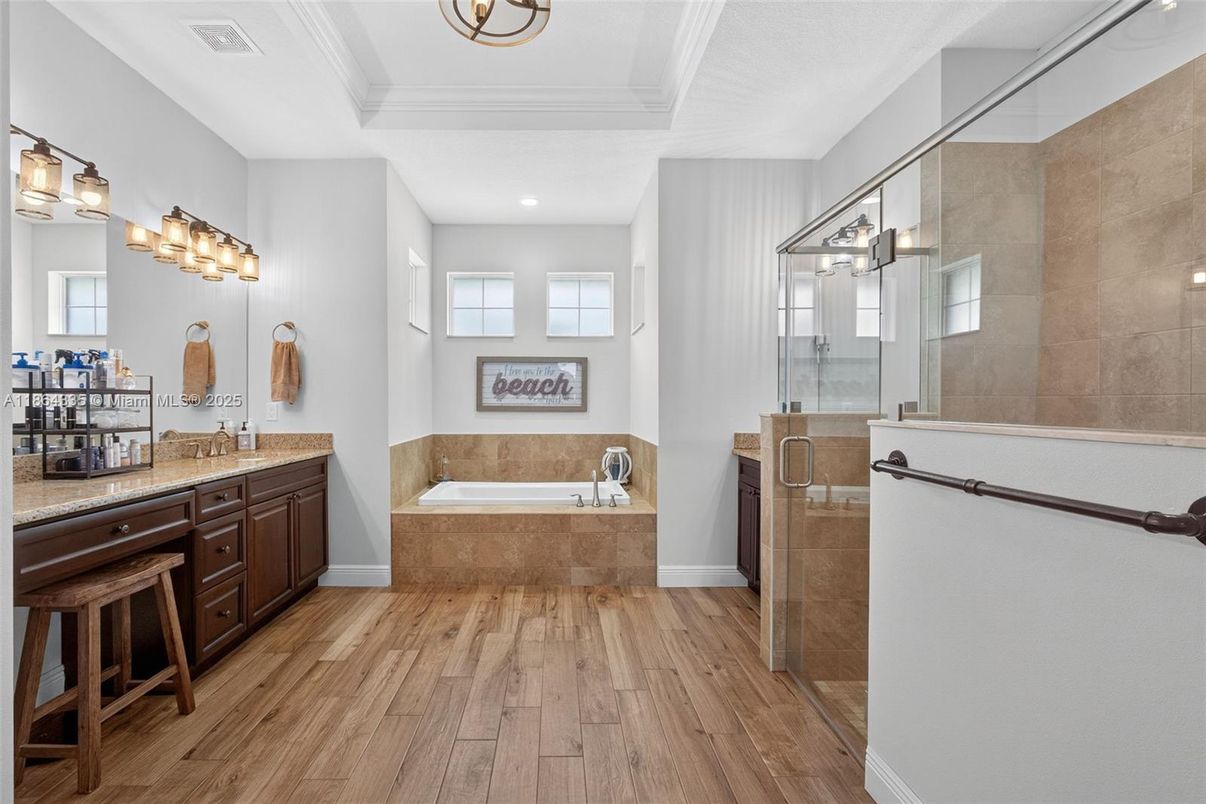 Bathroom, Glass Shower, Interior, Recessed Lighting, Wood Texture Flooring