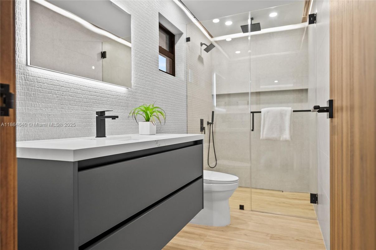 Bathroom, Glass Shower, Interior, Recessed Lighting, Wood Texture Flooring
