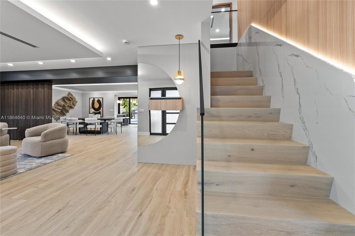 Dining room, Interior, Pendant Lights, Recessed Lighting, Wood Texture Flooring