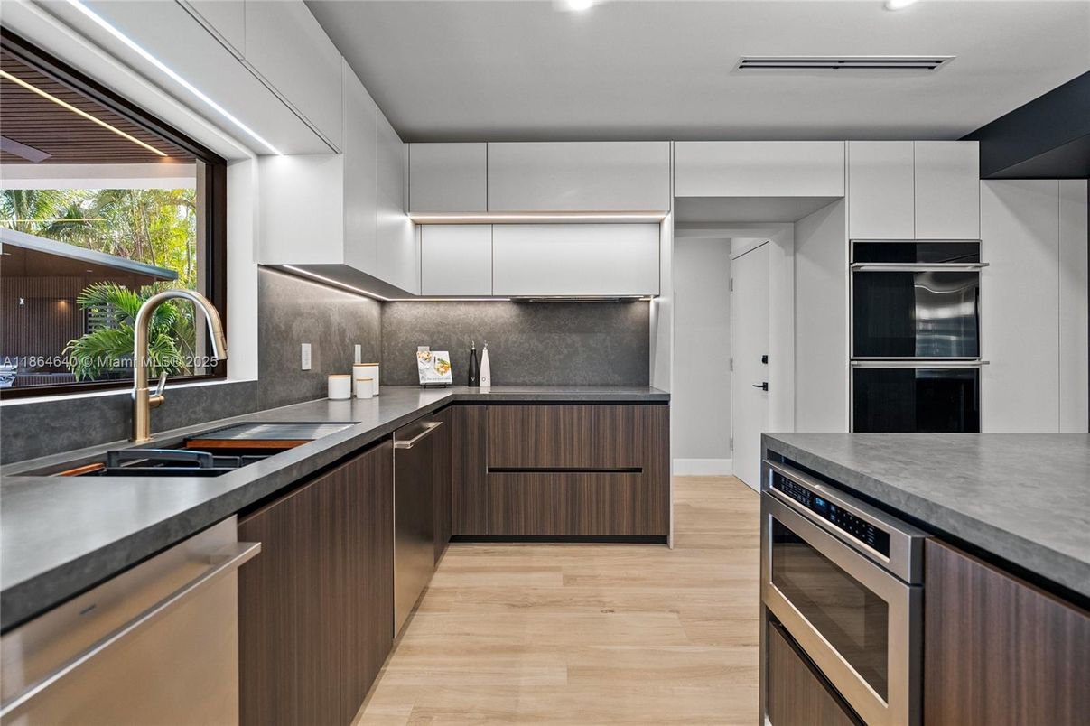 Interior, Kitchen, Recessed Lighting, Stainless Steel Appliances, Wood Texture Flooring
