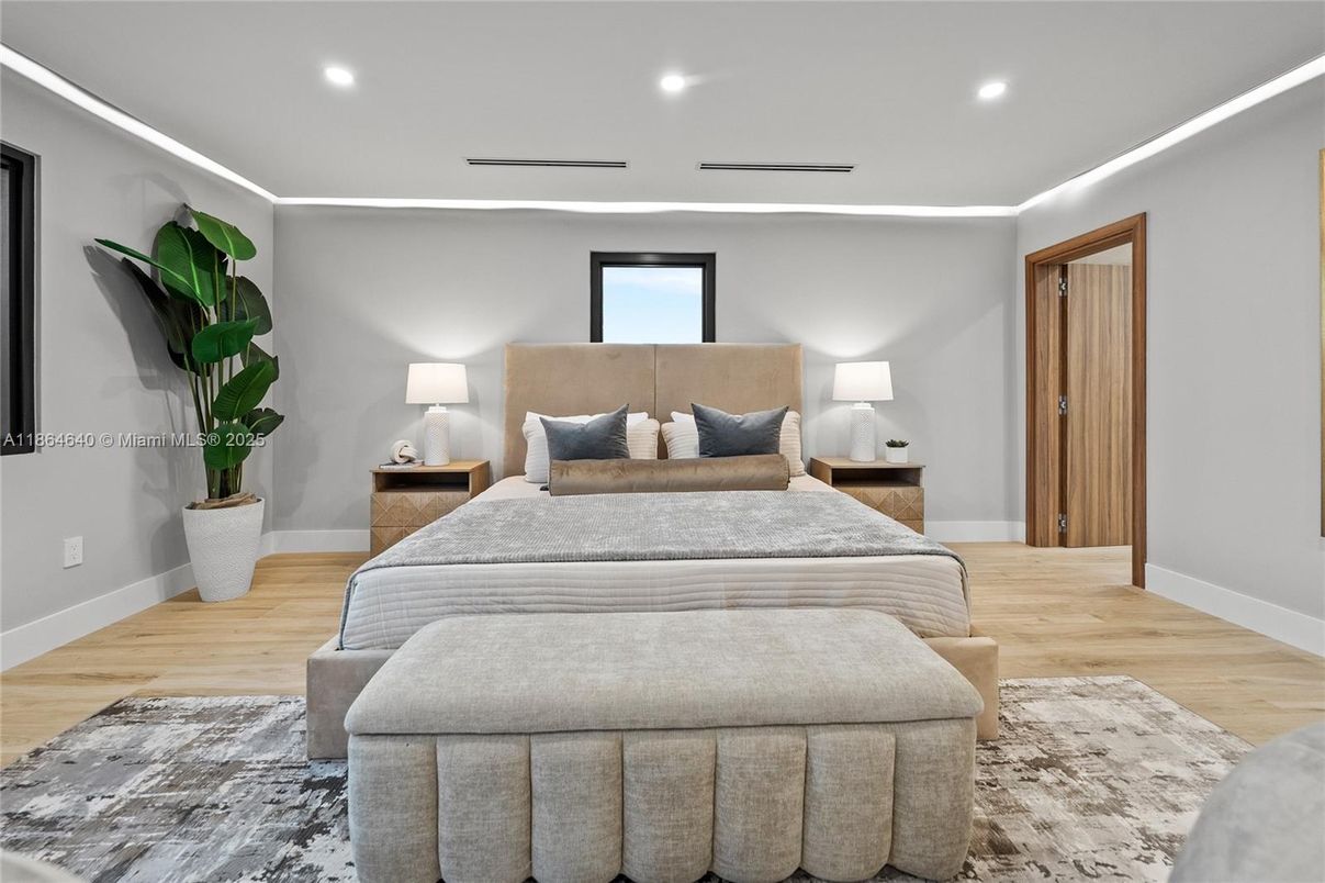 Bedroom, Interior, Recessed Lighting, Wood Texture Flooring