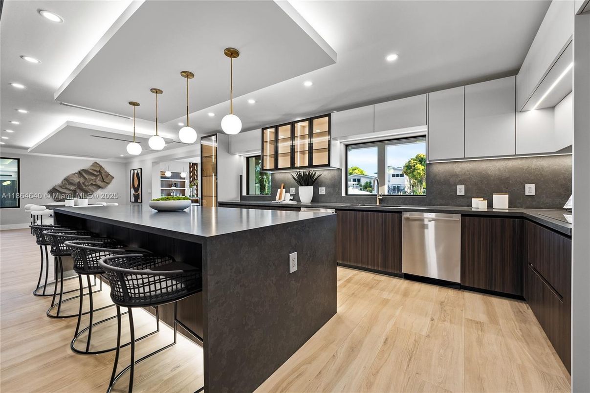 Interior, Kitchen, Pendant Lights, Recessed Lighting, Stainless Steel Appliances, Wood Texture Flooring