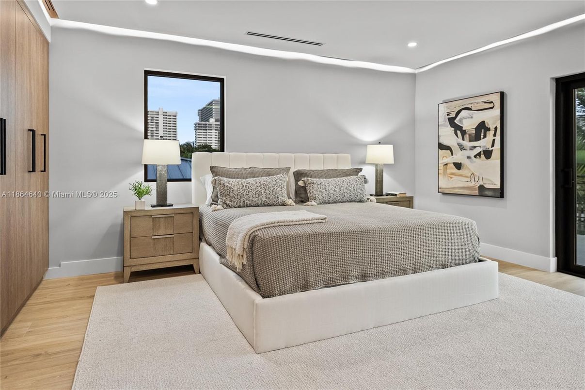 Bedroom, Interior, Recessed Lighting, Wood Texture Flooring