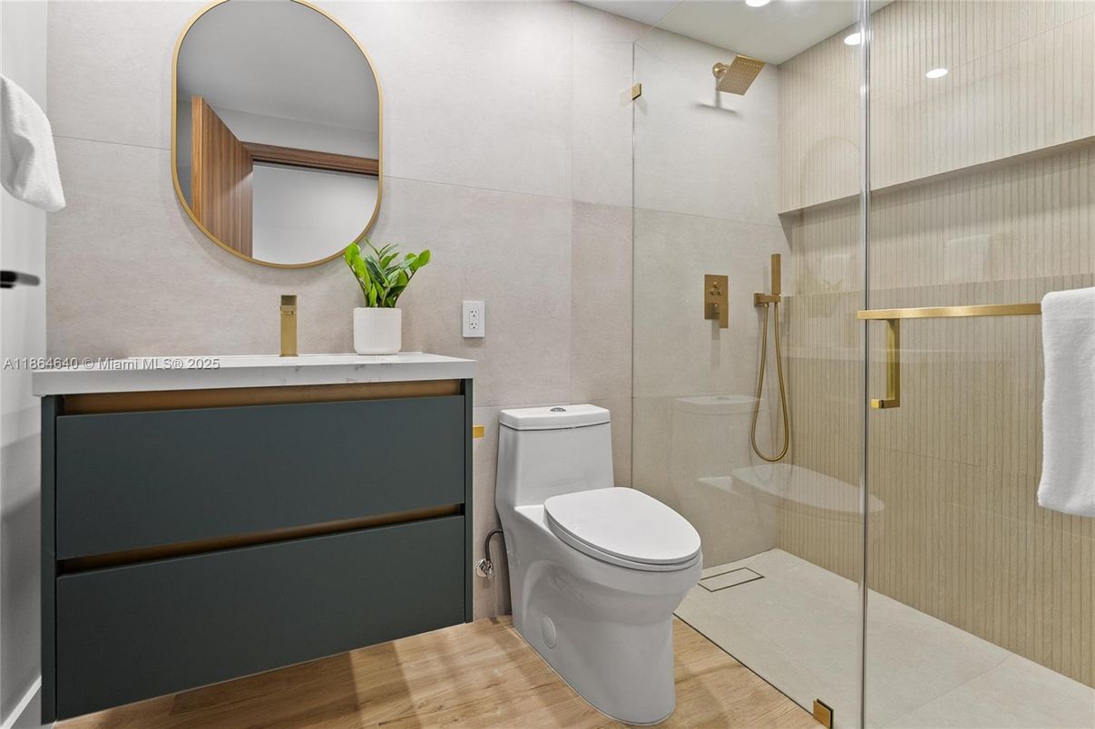 Bathroom, Glass Shower, Interior, Recessed Lighting, Wood Texture Flooring