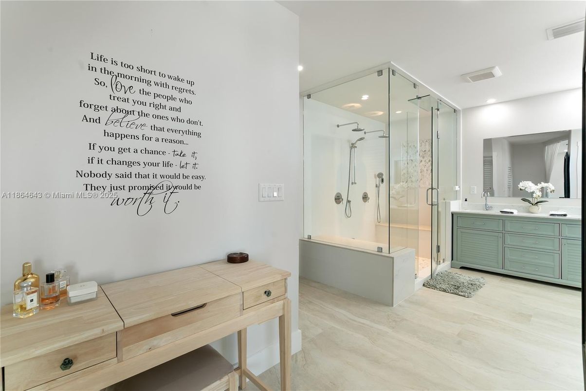 Bathroom, Glass Shower, Interior, Recessed Lighting, Wood Texture Flooring