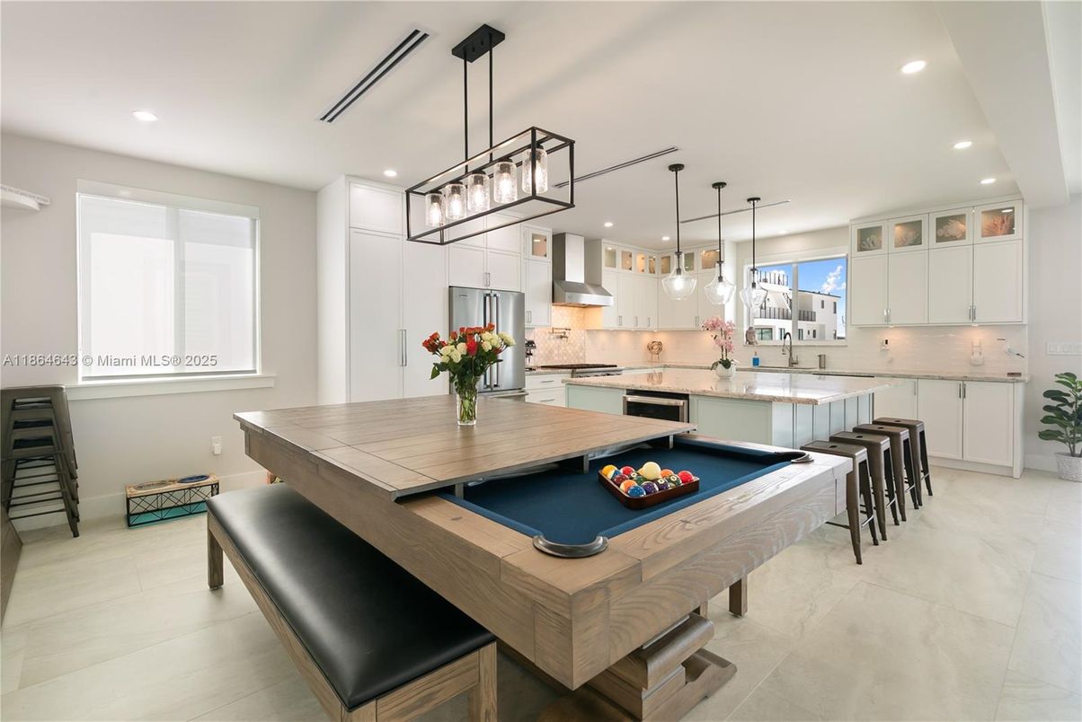 Billiard Table, Game Room, Interior, Kitchen, Pendant Lights, Recessed Lighting, Stainless Steel Appliances