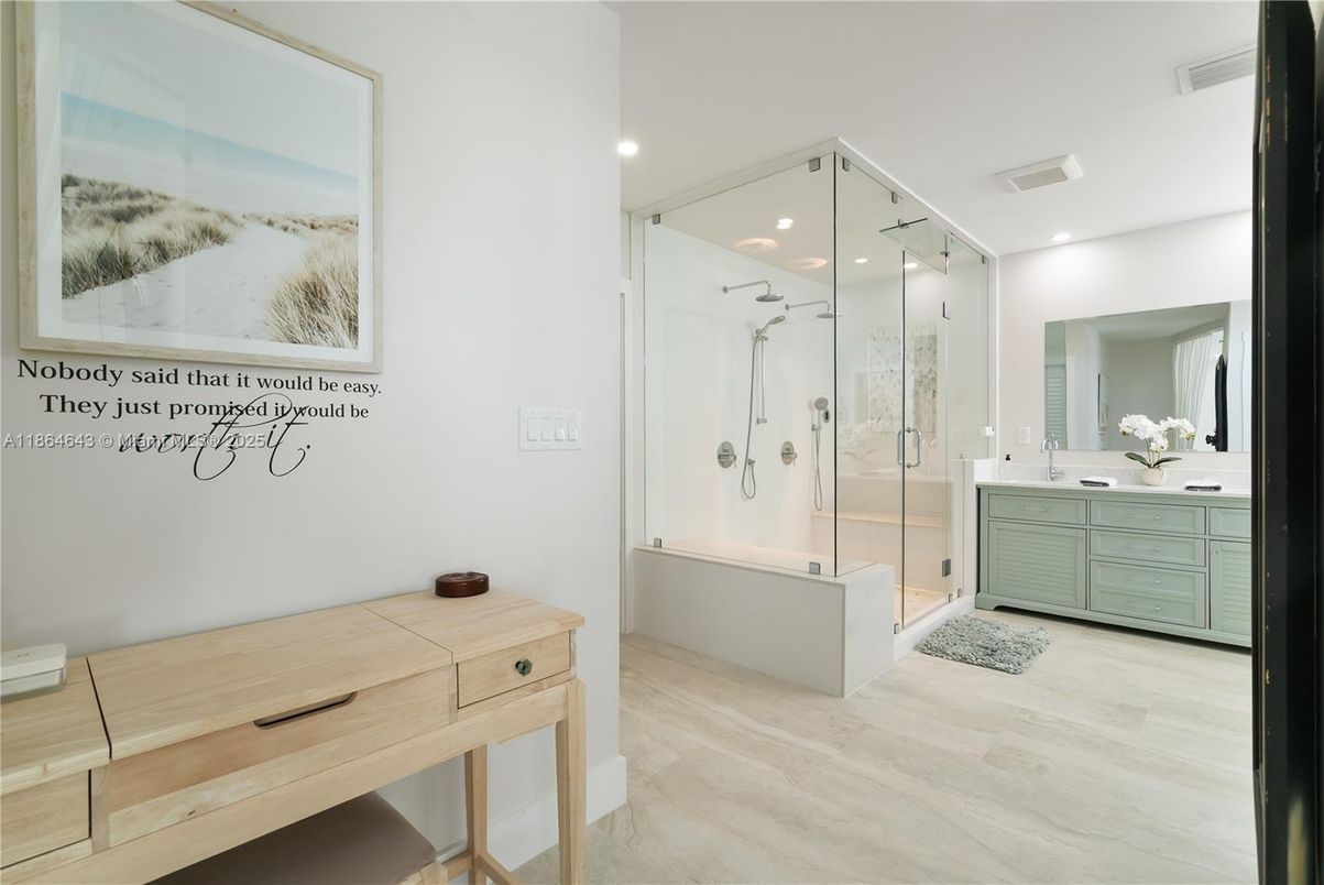 Bathroom, Glass Shower, Interior, Recessed Lighting, Wood Texture Flooring