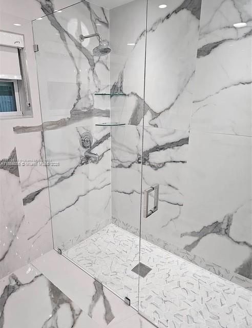 Bathroom, Glass Shower, Interior, Marble Walls, Recessed Lighting
