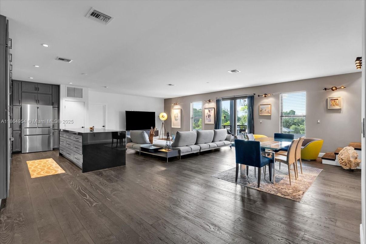 Dining room, Interior, Living room, Recessed Lighting, Stainless Steel Appliances, Wood Texture Flooring