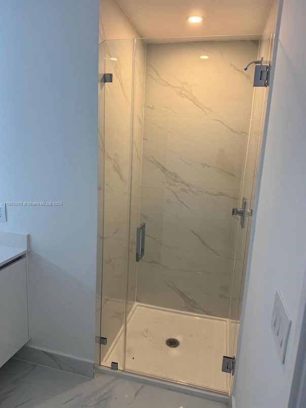 Bathroom, Glass Shower, Interior, Marble, Marble Walls, Recessed Lighting