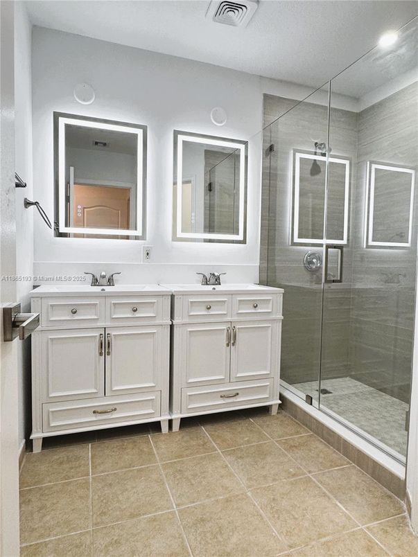Bathroom, Dual Sink Vanities, Glass Shower, Interior, Recessed Lighting