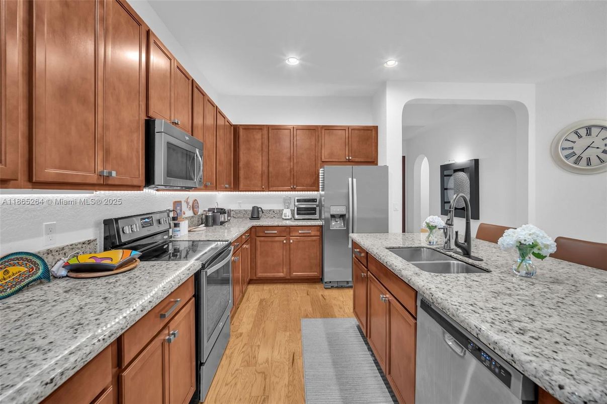 Interior, Kitchen, Recessed Lighting, Stainless Steel Appliances, Wood Texture Flooring