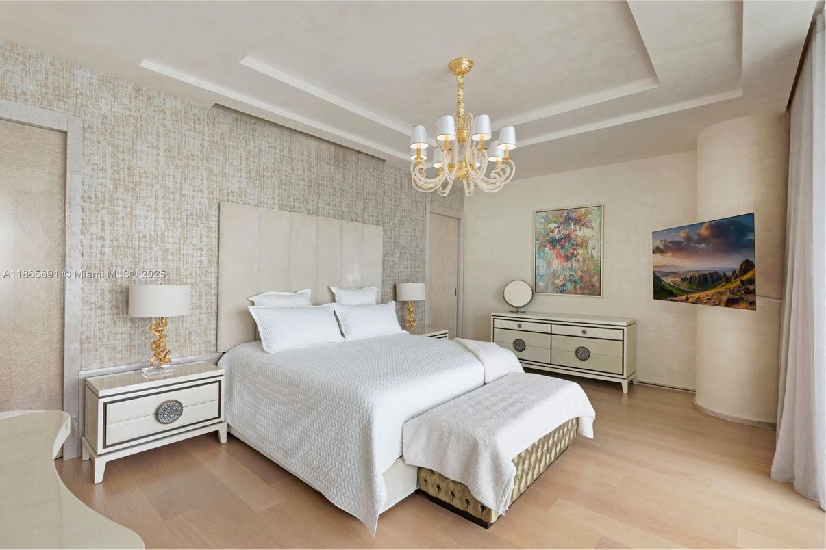 Bedroom, Chandelier, Interior, Wood Texture Flooring