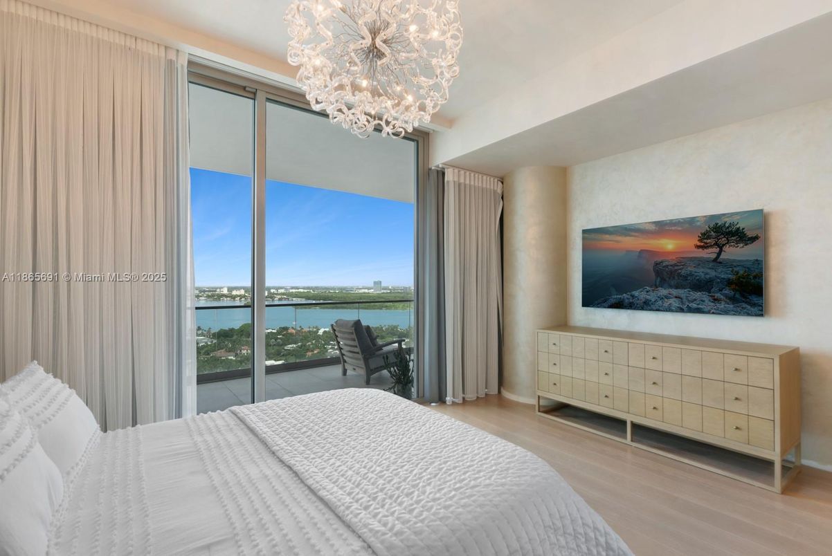 Bedroom, Chandelier, Interior, Water, Wood Texture Flooring