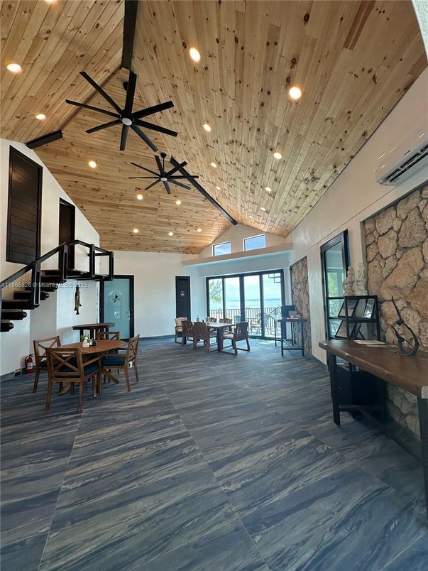 Dining room, Interior, Recessed Lighting, Stone Walls, Wooden Ceilings