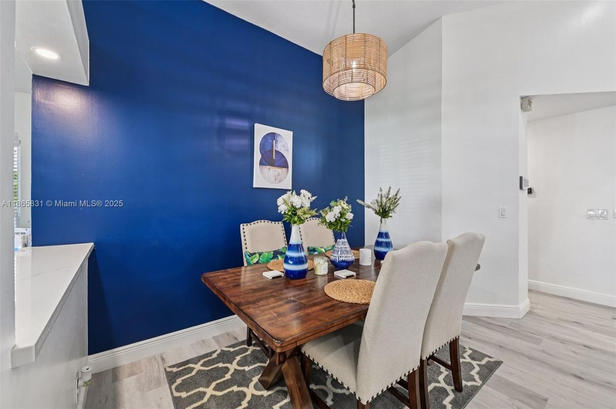 Dining room, Interior, Pendant Lights, Recessed Lighting, Wood Texture Flooring