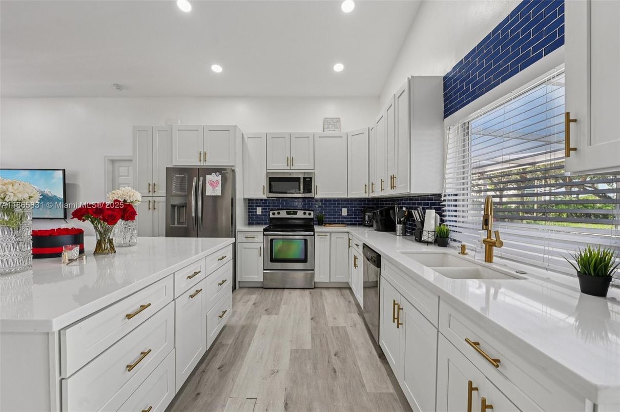 Interior, Kitchen, Recessed Lighting, Stainless Steel Appliances, Wood Texture Flooring