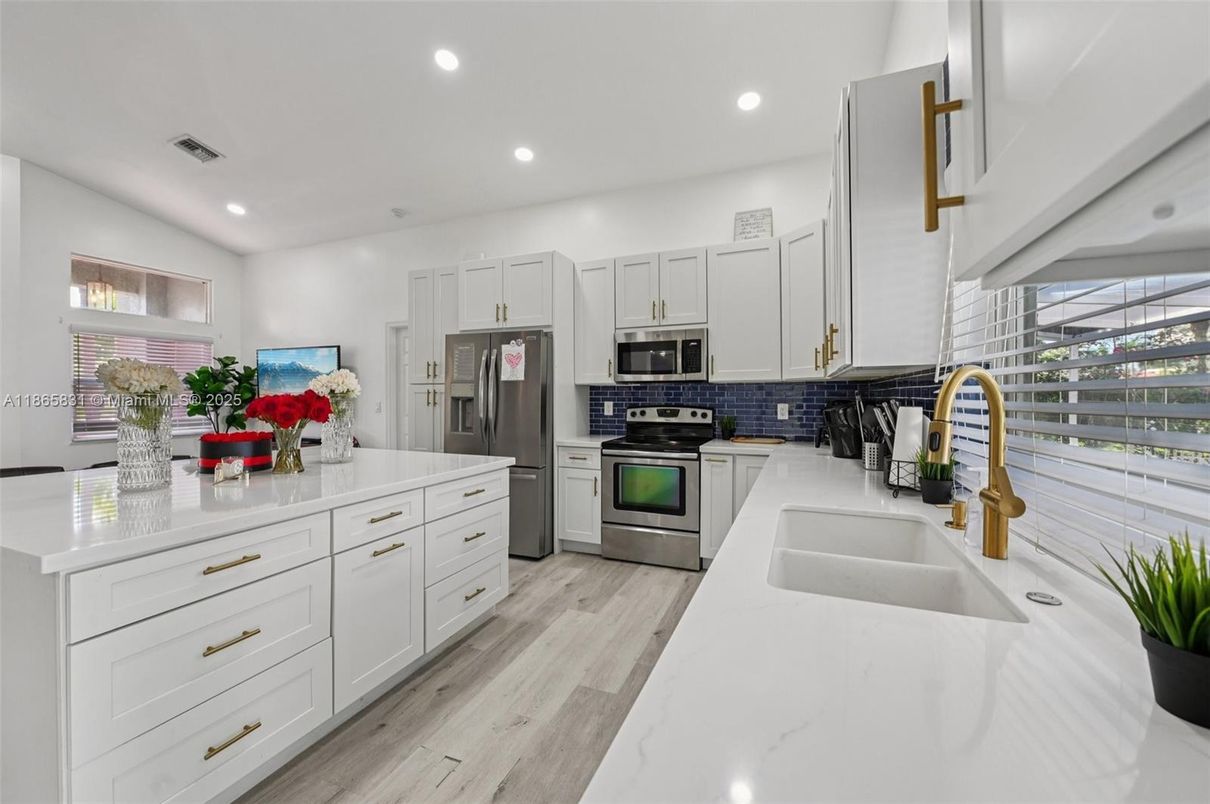 Interior, Kitchen, Recessed Lighting, Stainless Steel Appliances, Wood Texture Flooring