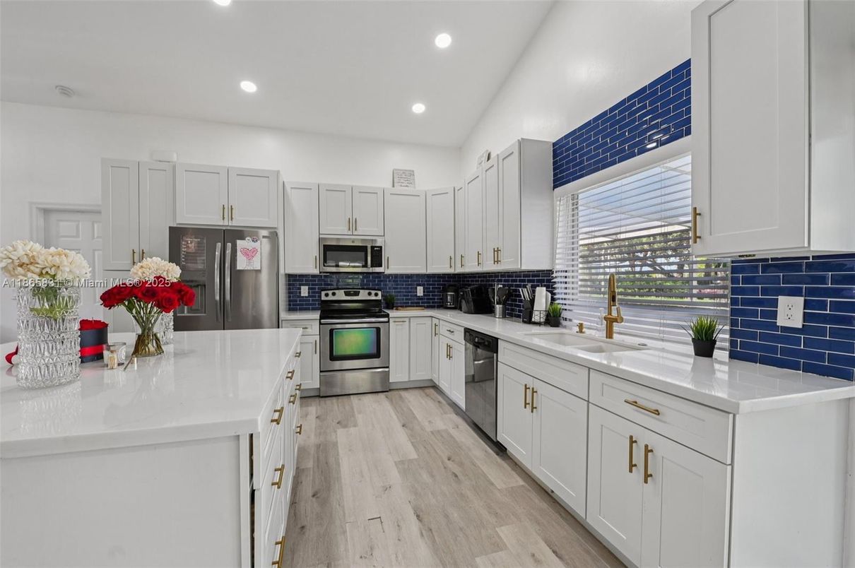 Interior, Kitchen, Recessed Lighting, Stainless Steel Appliances, Wood Texture Flooring