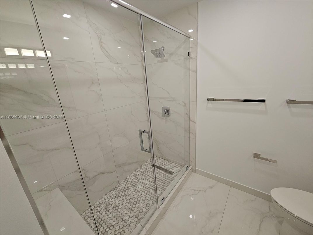 Bathroom, Glass Shower, Interior, Marble, Marble Walls, Recessed Lighting