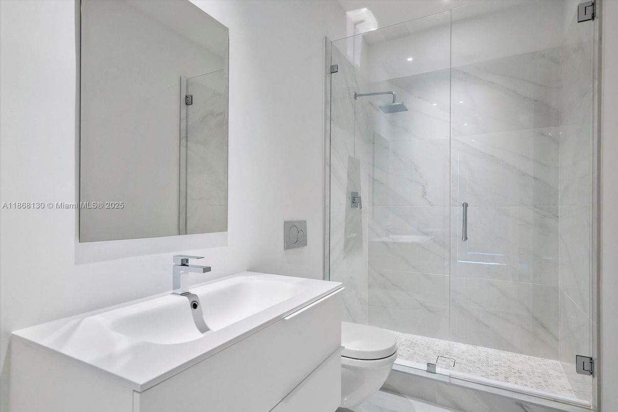 Bathroom, Glass Shower, Interior, Marble Walls, Recessed Lighting