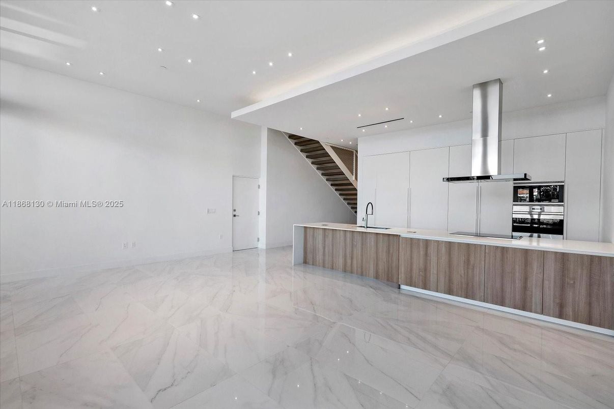 Interior, Kitchen, Marble, Recessed Lighting, Stainless Steel Appliances