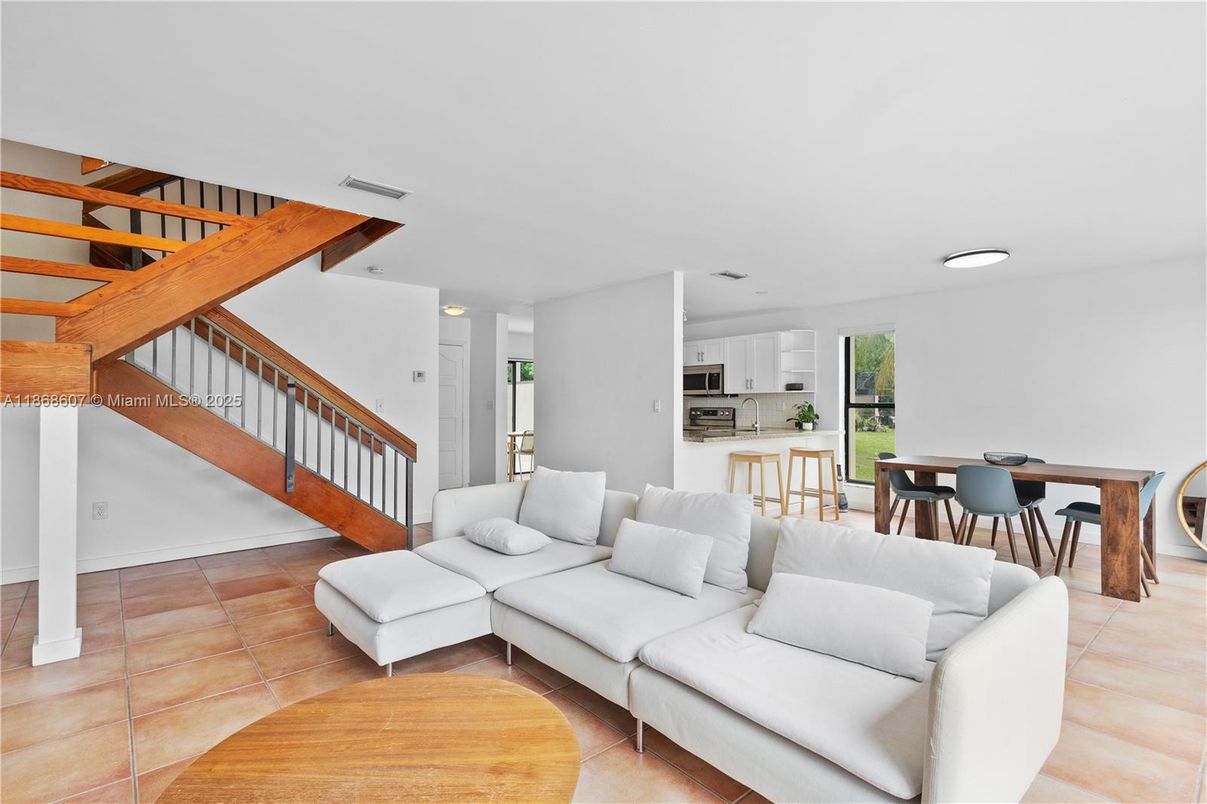 Dining room, Interior, Kitchen, Living room, Recessed Lighting, Stainless Steel Appliances, Wooden Beams