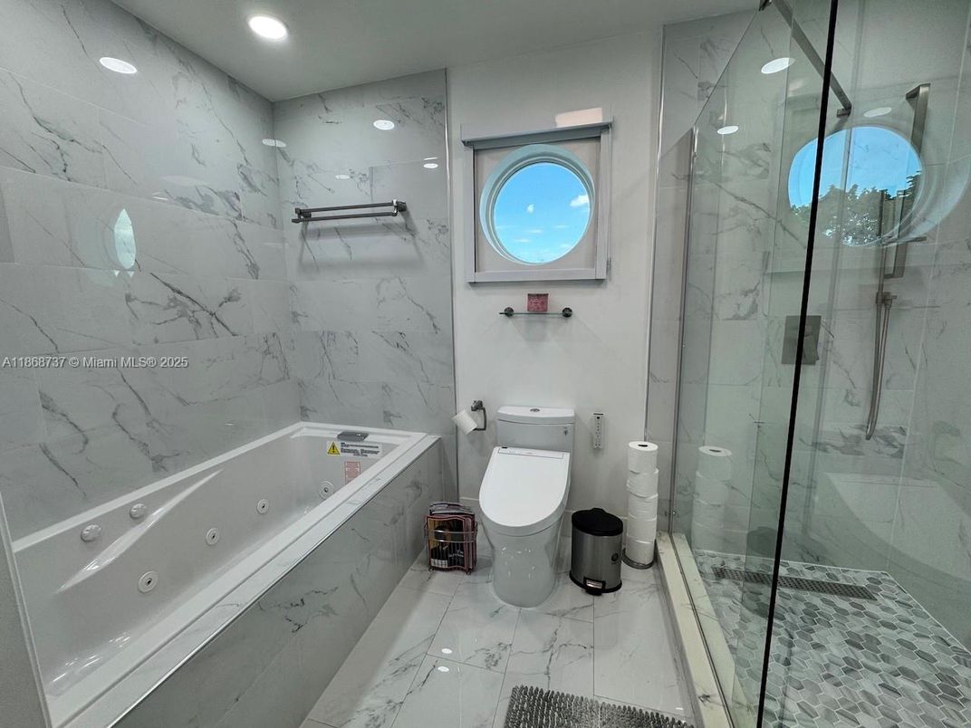 Bathroom, Glass Shower, Interior, Marble, Marble Walls, Recessed Lighting