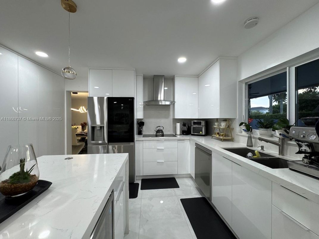Interior, Kitchen, Marble, Pendant Lights, Recessed Lighting, Stainless Steel Appliances