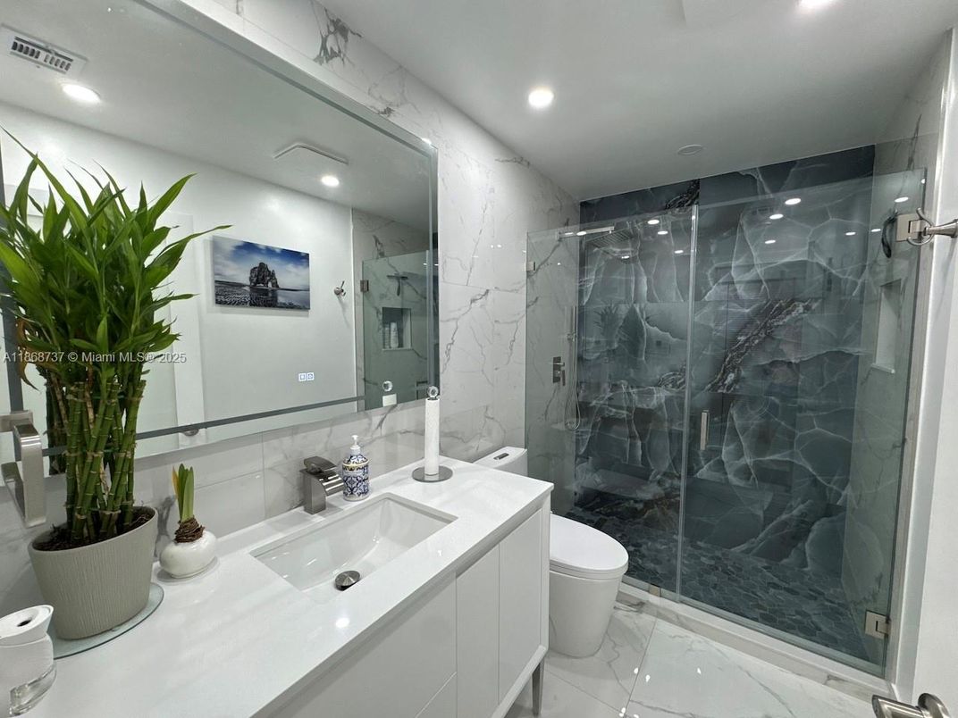Bathroom, Glass Shower, Interior, Marble, Marble Walls, Recessed Lighting