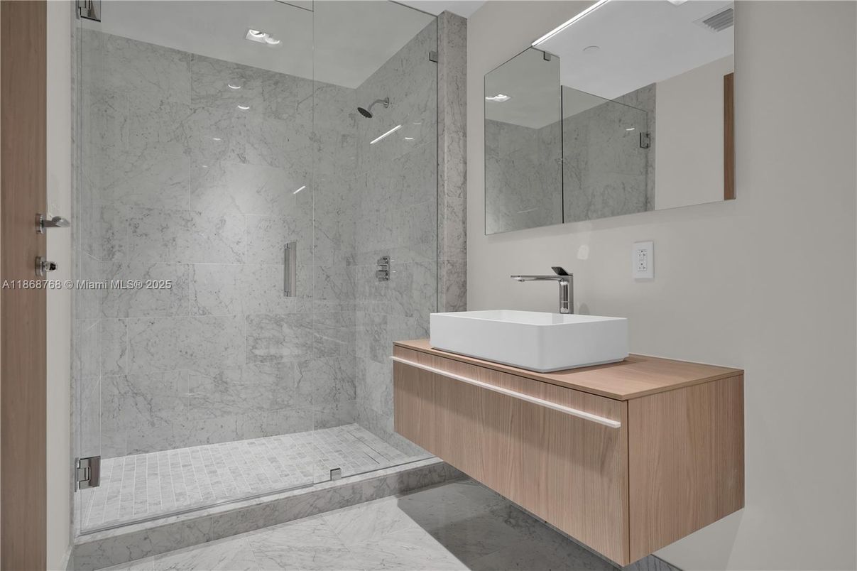 Bathroom, Glass Shower, Interior, Marble, Marble Walls, Recessed Lighting