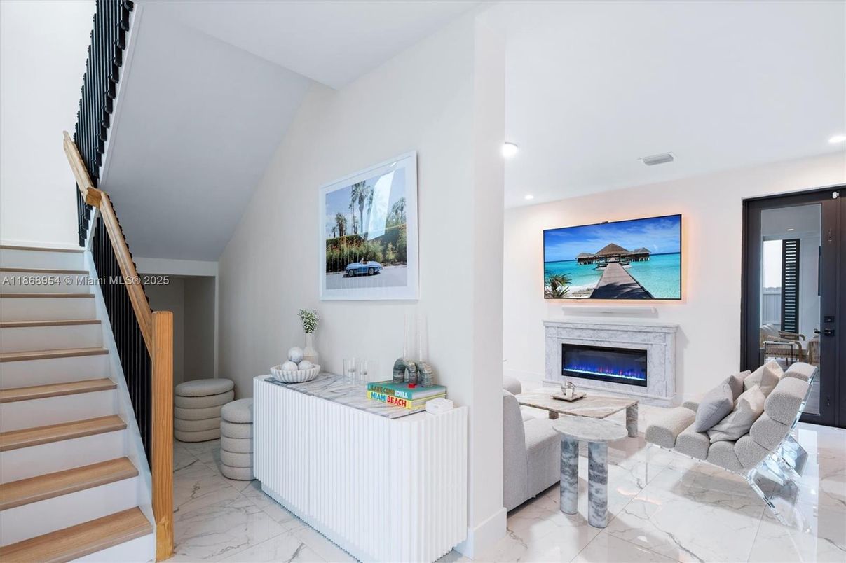 Fireplace, Interior, Living room, Marble, Recessed Lighting