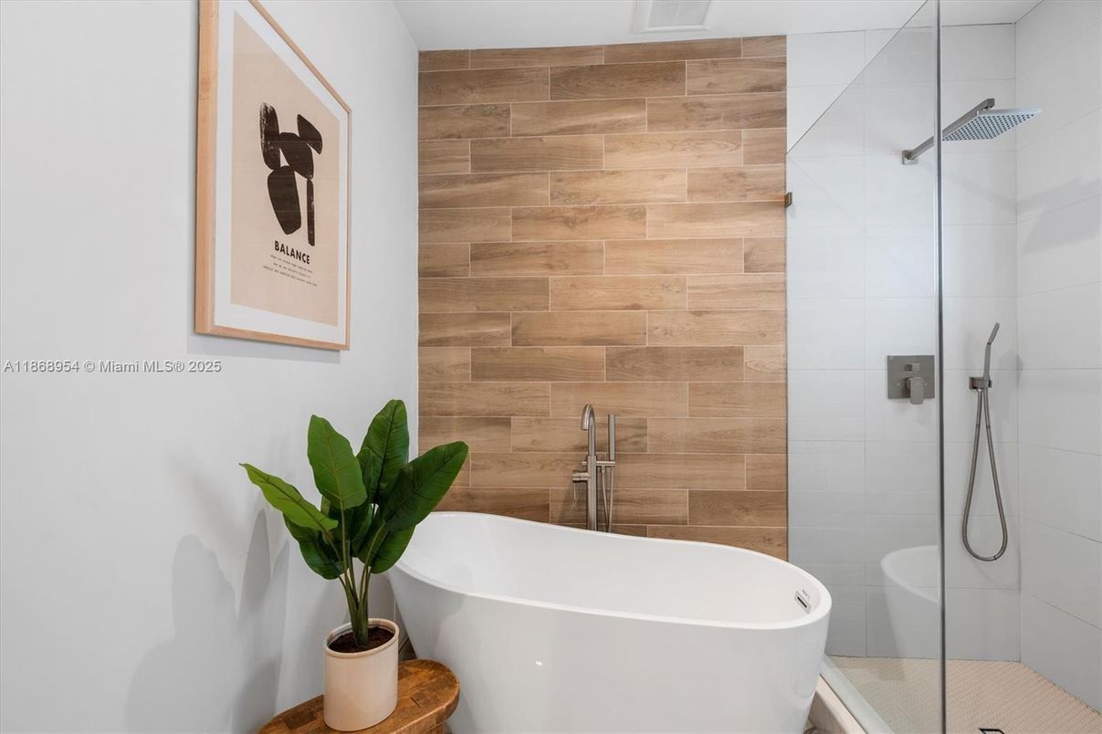 Bathroom, Free Standing Baths, Glass Shower, Interior, Wooden Walls