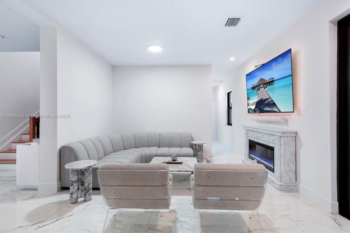 Fireplace, Interior, Living room, Marble, Recessed Lighting