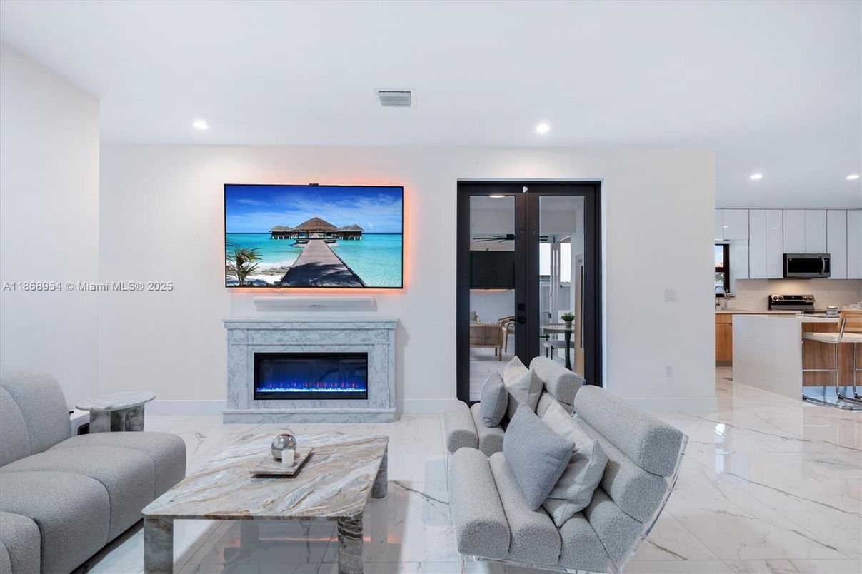 Fireplace, Interior, Kitchen, Living room, Marble, Recessed Lighting, Water