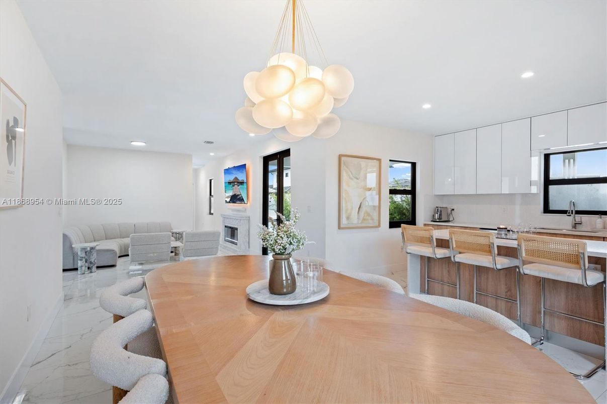 Dining room, Fireplace, Interior, Kitchen, Living room, Marble, Pendant Lights, Recessed Lighting