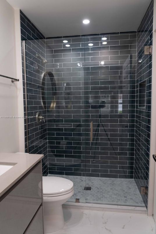 Bathroom, Glass Shower, Interior, Marble, Recessed Lighting