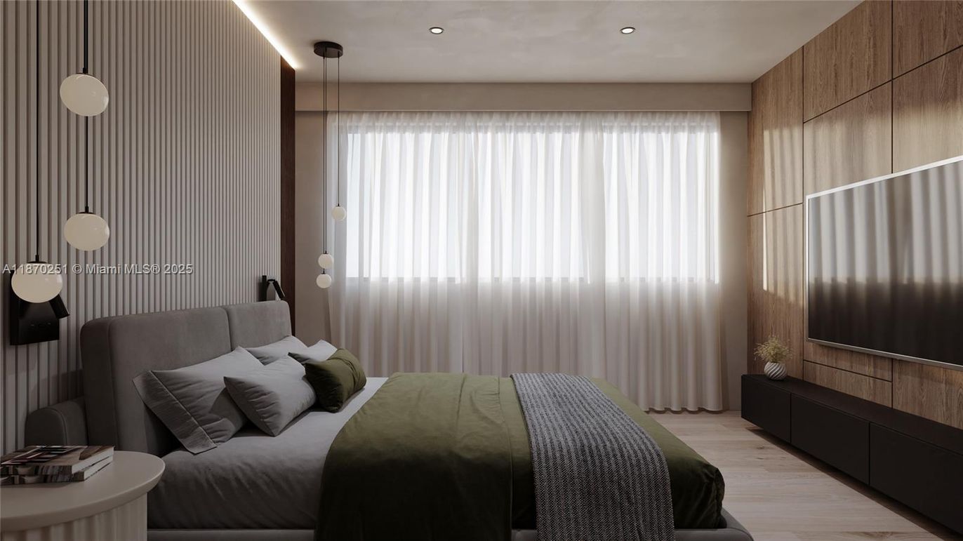 Bedroom, Interior, Pendant Lights, Recessed Lighting, Wood Texture Flooring