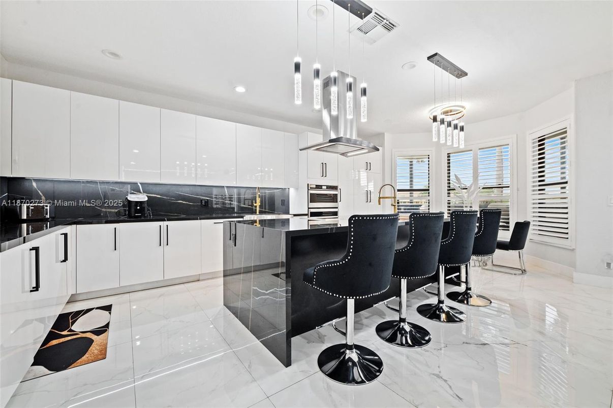 Interior, Kitchen, Marble, Pendant Lights, Recessed Lighting, Stainless Steel Appliances